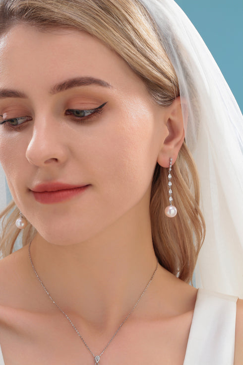 10-11mm Freshwater Pearl & Sparkling Long Freshwater Pearl Earrings - House Of Pearls
